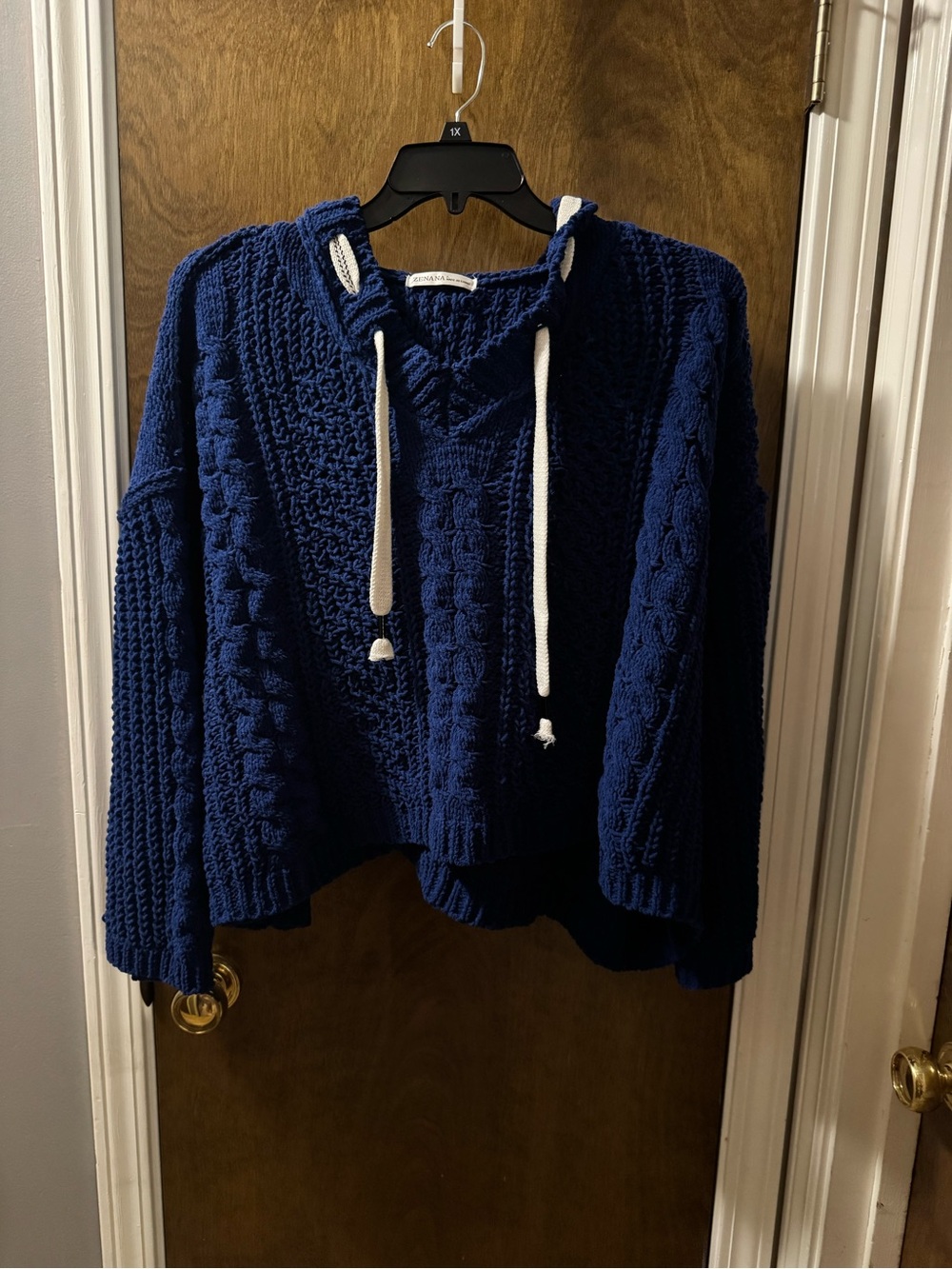 Cable Knit Navy Hoodie Sweater with Drawstring